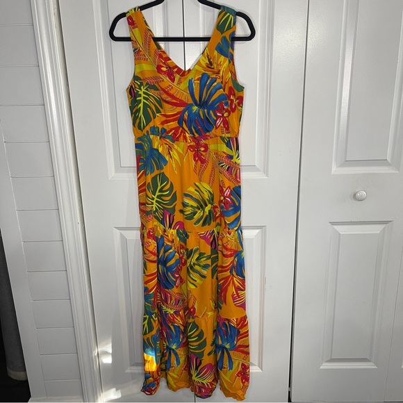 Zoey & Leelo Orange Tropical Maxi Dress Size Small Floral Empire Waist Summer - Picture 1 of 5
